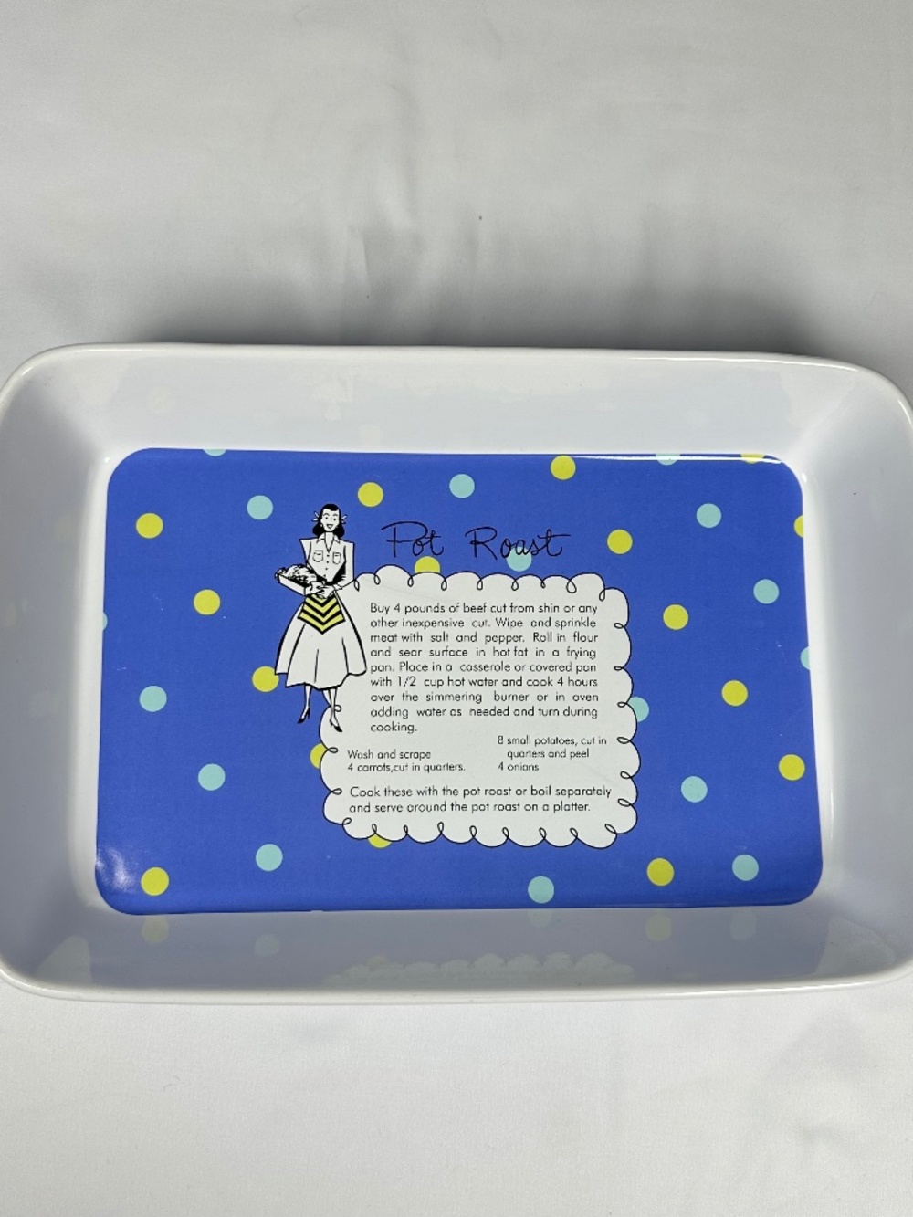 Rosanna Imports Pot Luck Casserole Dish Retro Polka Dot Ceramic Baker Blue White